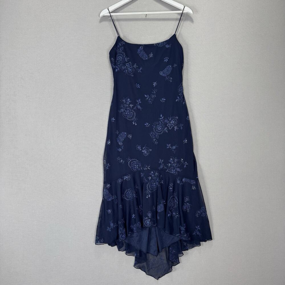 Vintage Jodi Kristopher Midi Dress Womens L Blue Asymmetric Floral Y2K Fairy